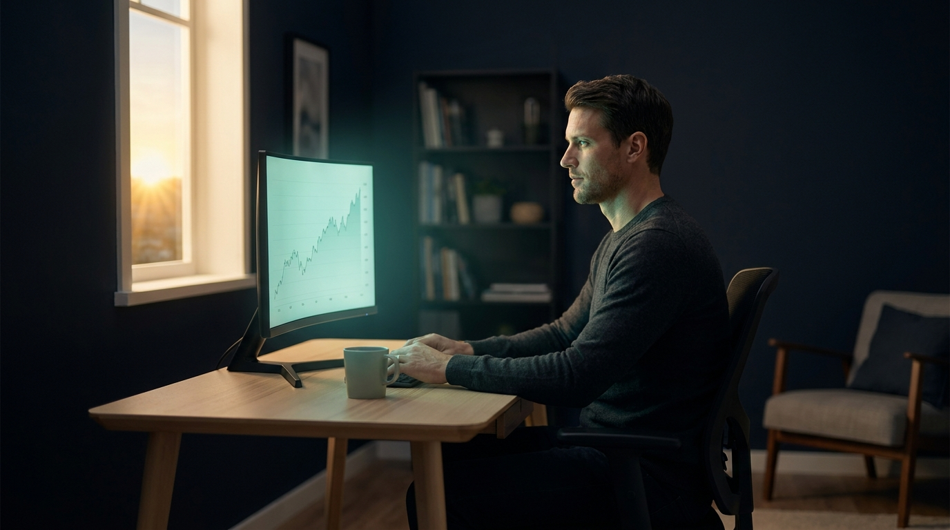 A composed trader at a clean desk with a single monitor, representing a clear and fast path to a funded account