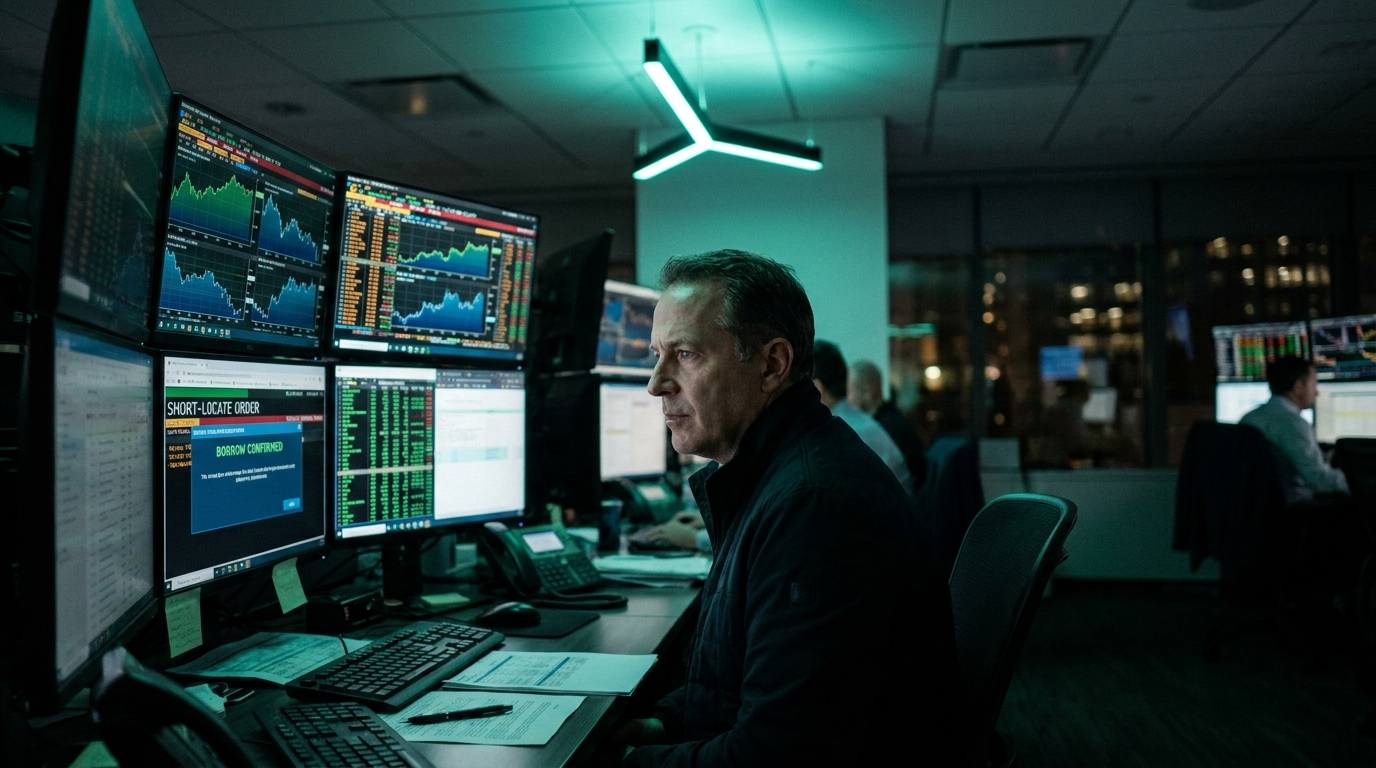 A trader at a wall of monitors showing stock quotes and a short-locate screen, representing hard-to-borrow short selling