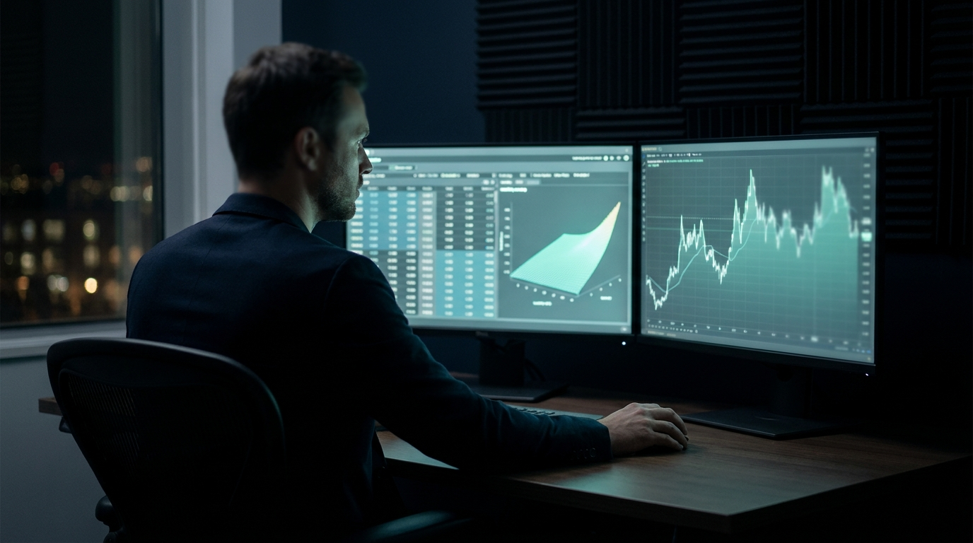 A trader at a dark multi-monitor desk studying a glowing volatility curve, representing implied volatility and option pricing