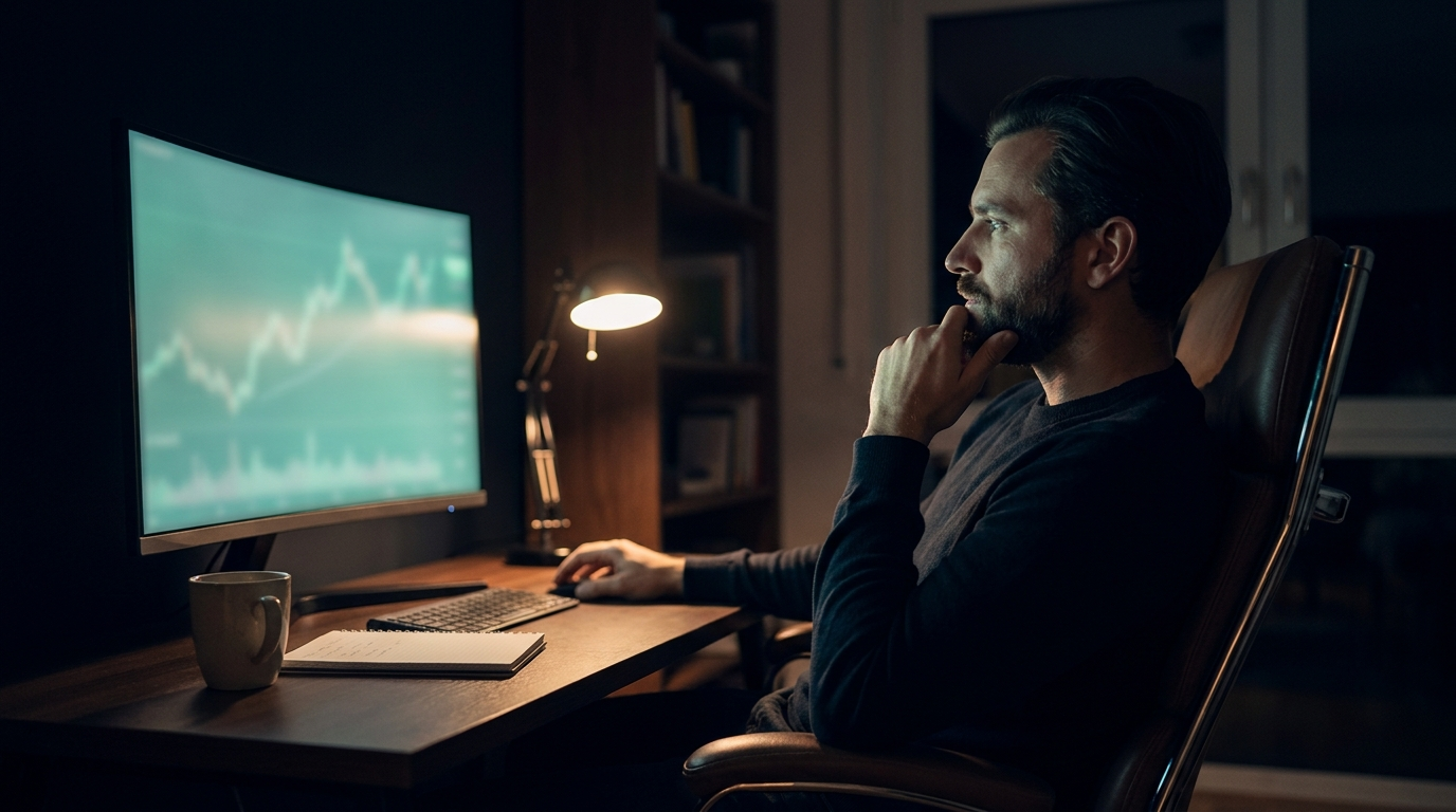 A lone trader sitting back from a single glowing monitor in low light, representing managing fear and greed in trading