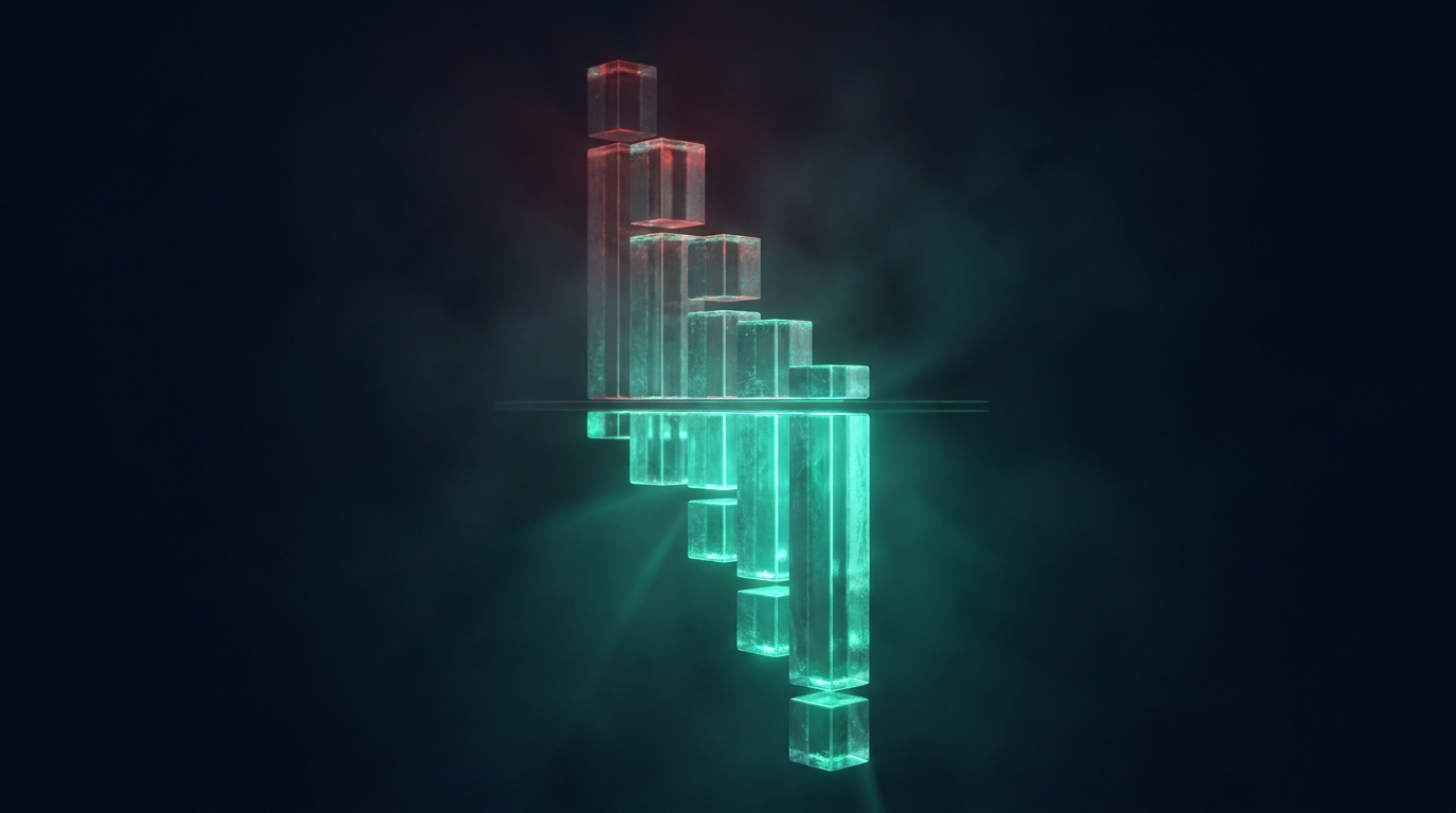 An abstract glowing ladder of stacked market depth bars in teal and red, representing a crypto order book