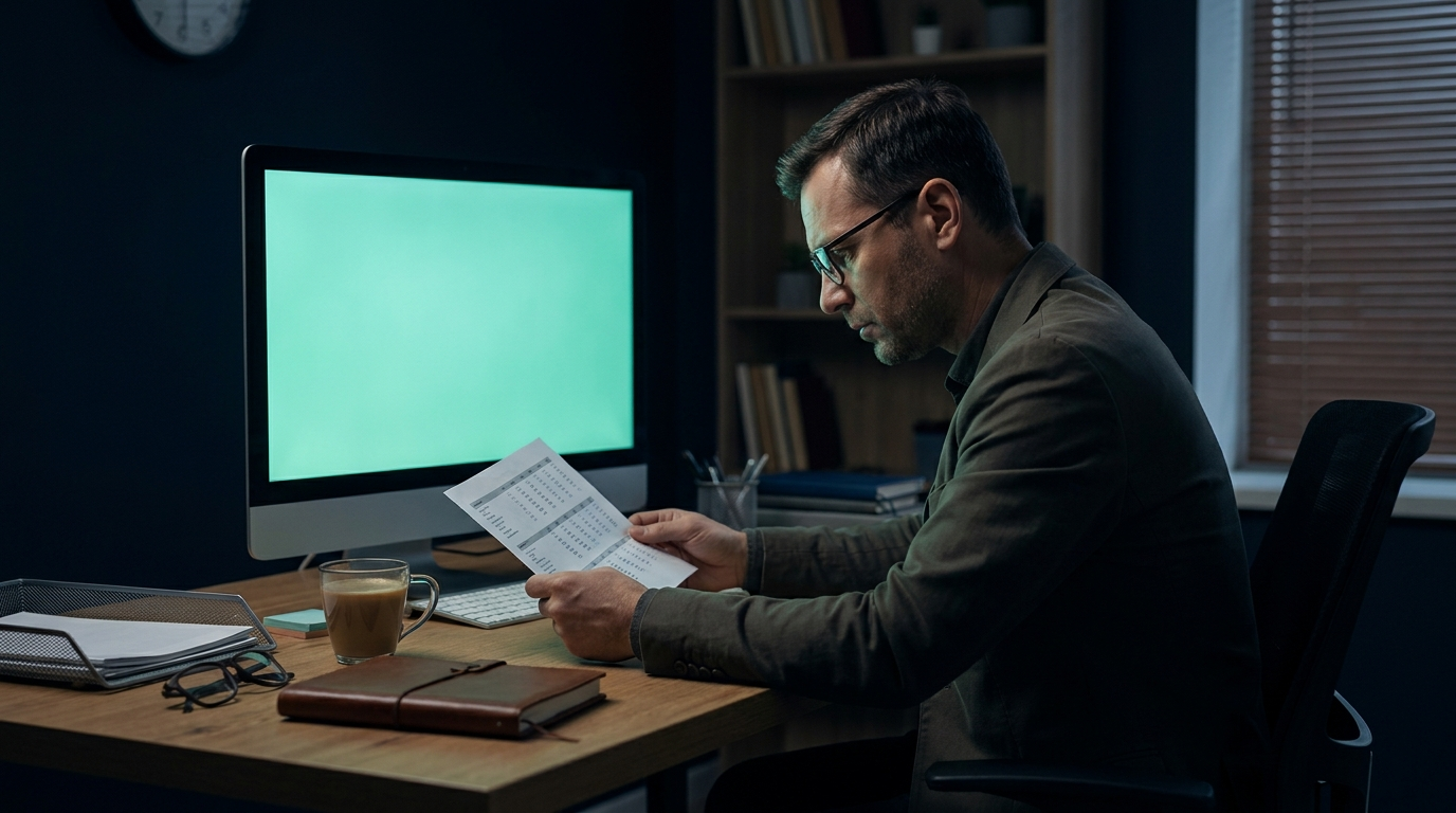 A trader at a desk carefully reviewing a printed document of account rules, representing prohibited strategies in a funded account