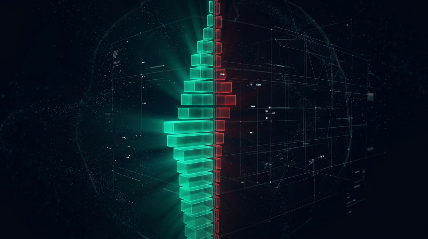 An abstract glowing ladder of stacked market depth bars in teal and red, representing a crypto order book