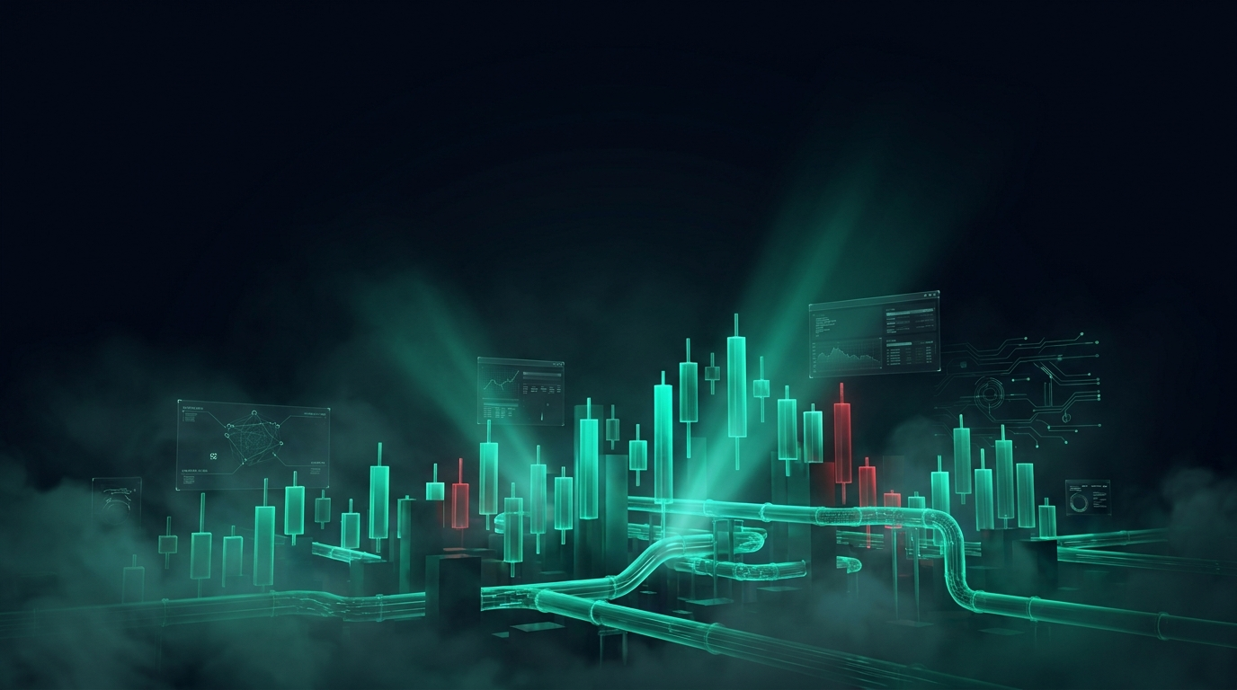 A cinematic render of a nocturnal skyline built from glowing candlestick towers merging with natural gas pipeline arteries lit in teal, representing natural gas futures trading