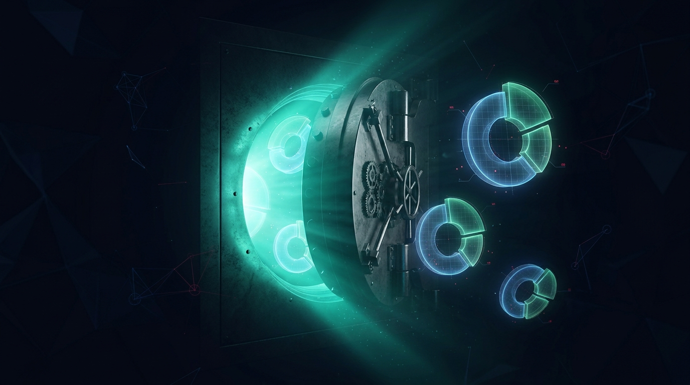 A cinematic render of a glowing vault door opening with a teal ring of light being divided into proportional slices, representing profit split tiers
