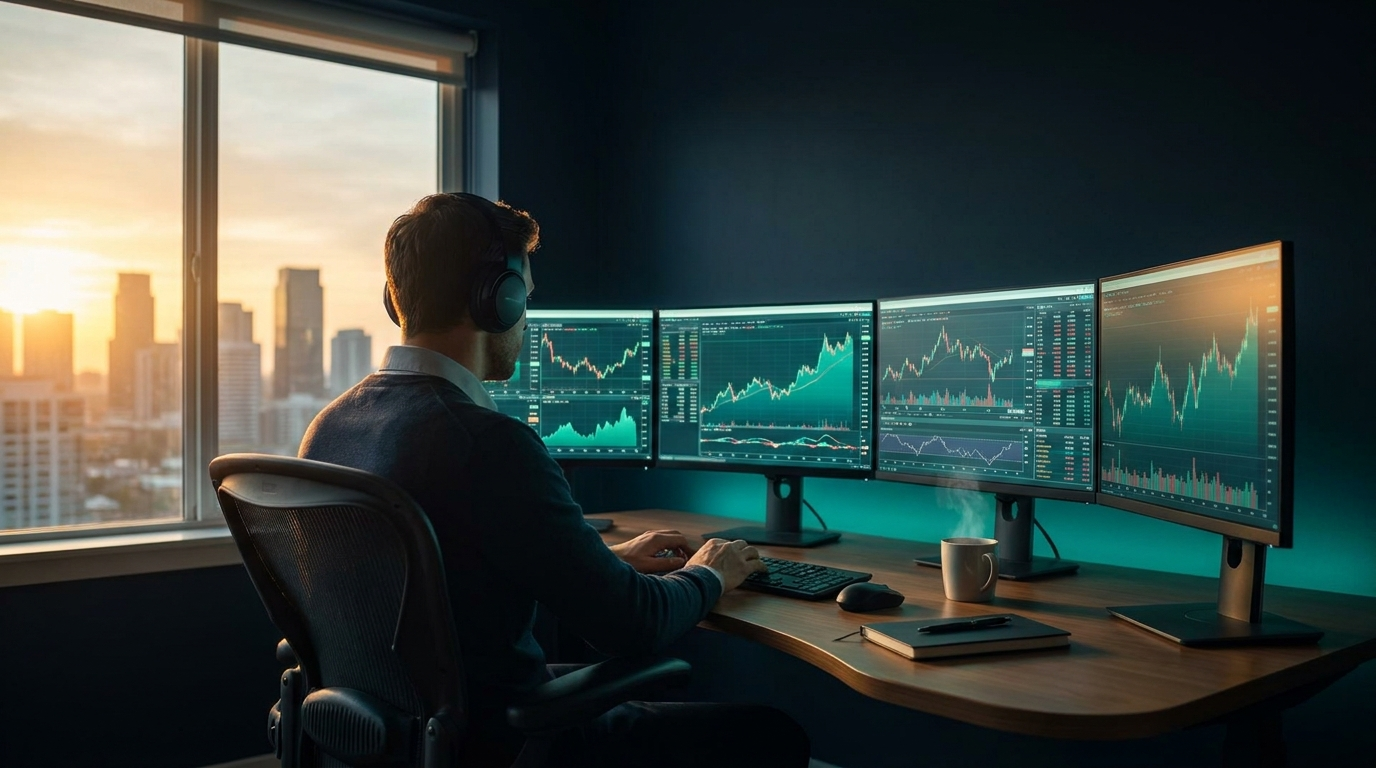 A cinematic photograph of a trading desk at dawn with multiple monitors glowing teal, seen from behind, representing the first fifteen minutes of the trading day