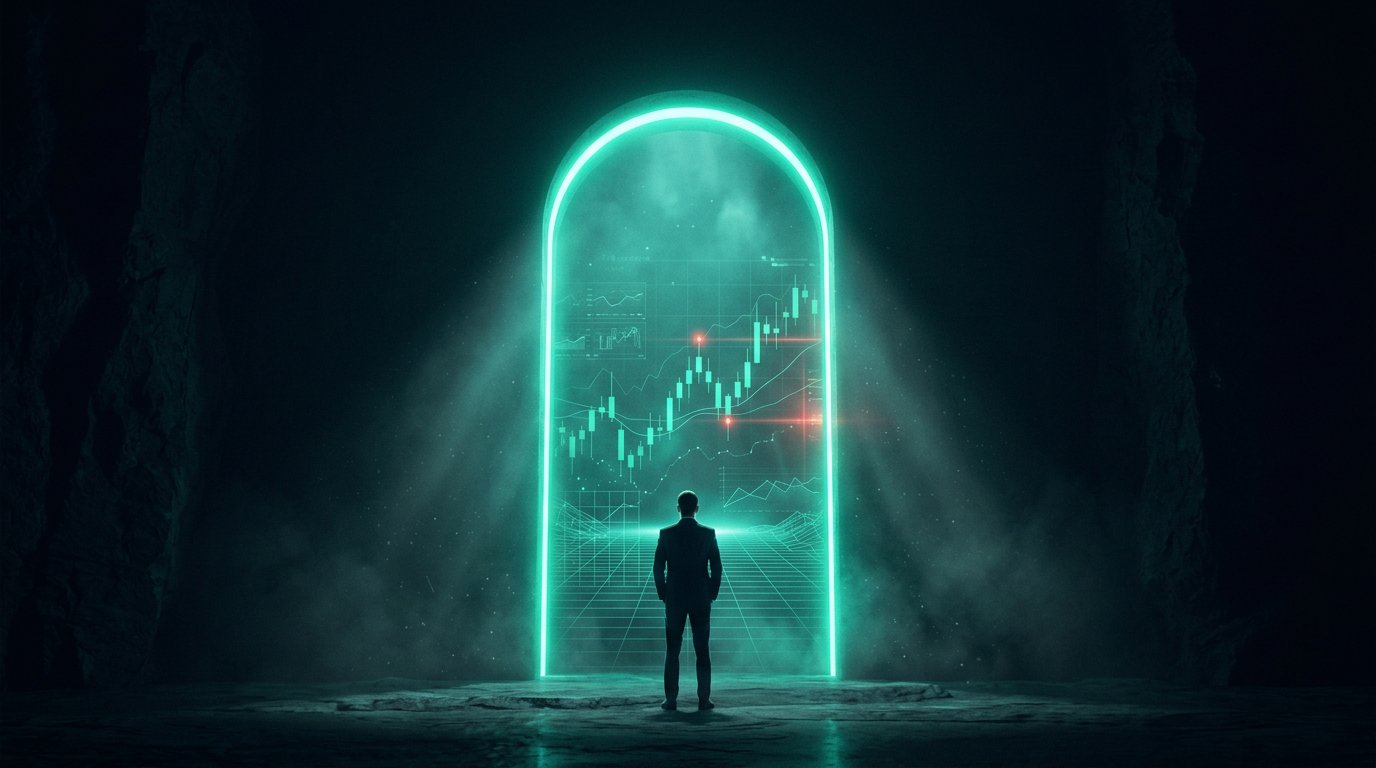 A cinematic render of a lone figure standing before a glowing teal archway of light with a faint holographic chart beyond it, representing a simulated funding environment