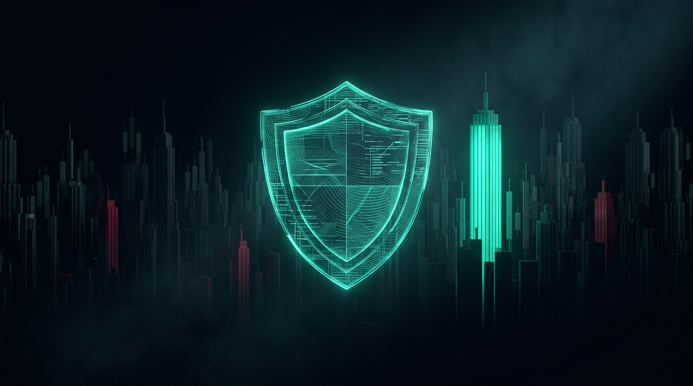 A cinematic render of a glowing teal verification seal of light in front of dim candlestick towers with one brightly lit tower, representing how to judge the most trusted prop firms