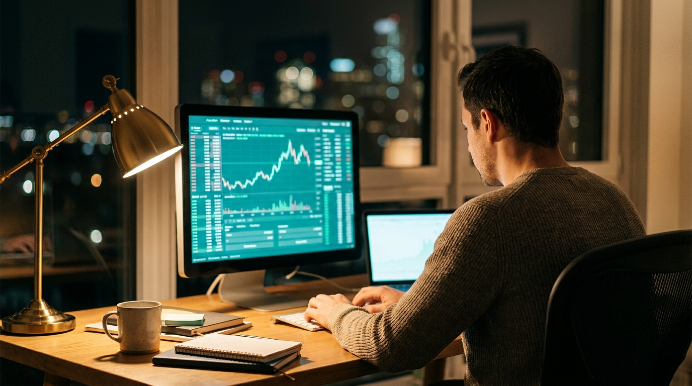 A cinematic photograph of a person at a home desk in the evening after work with a single monitor glowing teal and city lights through the window, representing trading a funded account around a full-time job