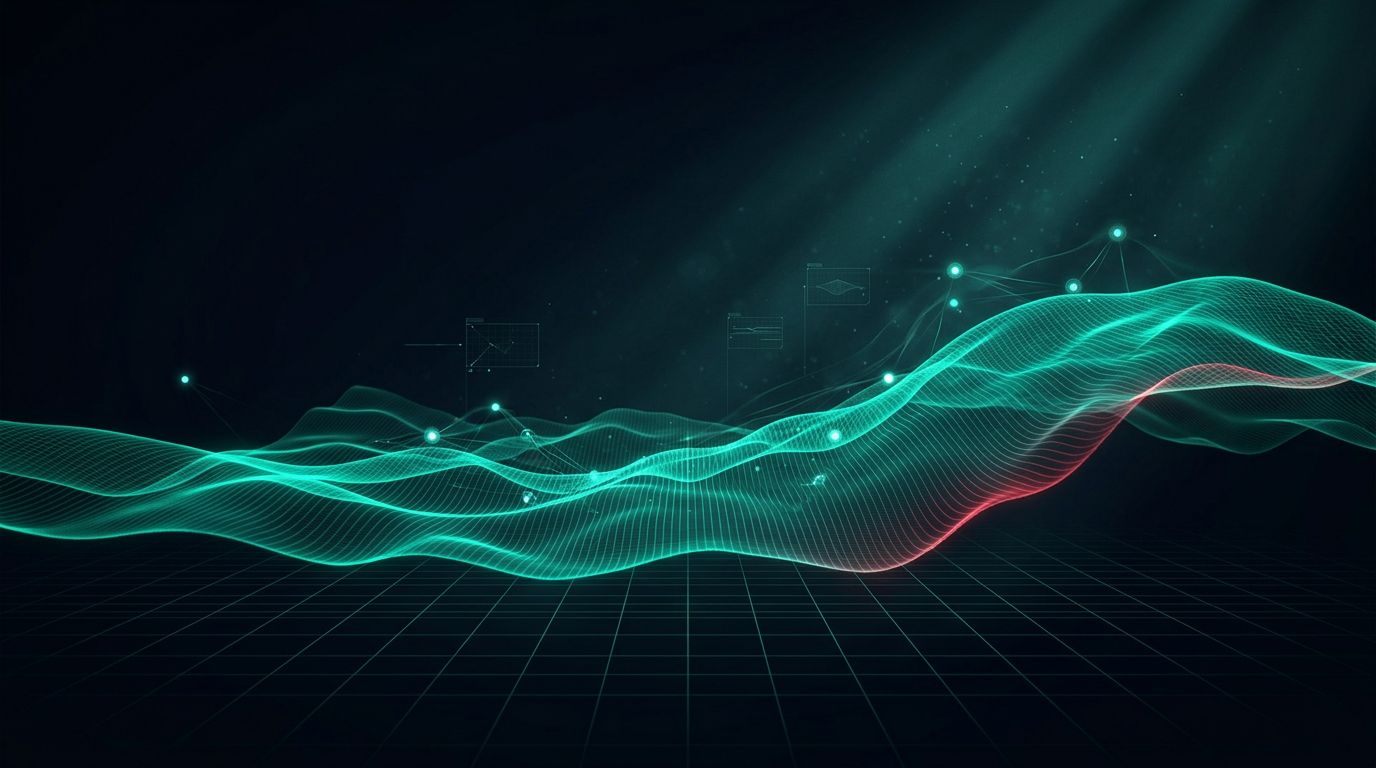 A cinematic conceptual render of a rippling emerald-teal volatility surface over a dark grid with floating option-chain nodes, representing vega and volatility risk in options