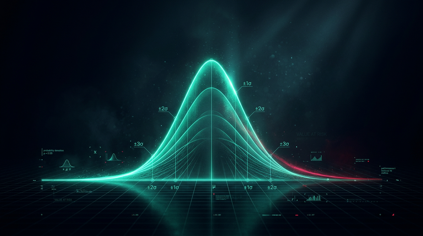A cinematic conceptual render of a glowing teal bell curve with standard deviation bands over a dark grid, representing standard deviation and the spread of trade outcomes