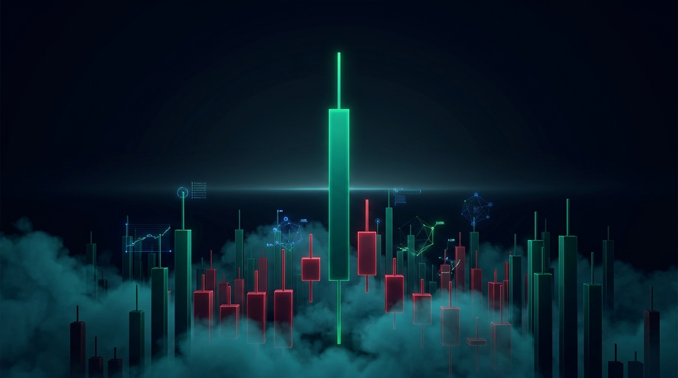 A cinematic conceptual render of a nocturnal skyline of candlestick towers with one dominant teal tower, representing Bitcoin dominance and altcoin cycles