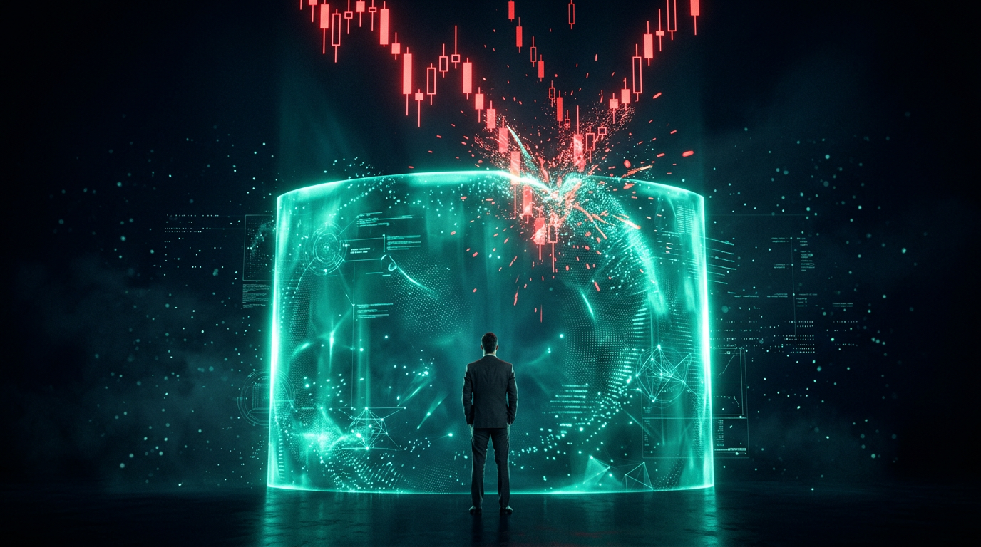 A cinematic conceptual render of a lone figure before a teal shield of light deflecting red descending candlesticks, representing hedging rules in a funded account