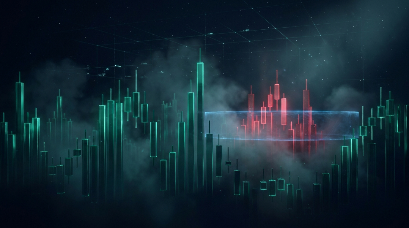 A cinematic conceptual render of a nocturnal skyline of candlestick towers with a cluster of red towers locked behind a horizontal energy band, representing limit up and limit down in futures