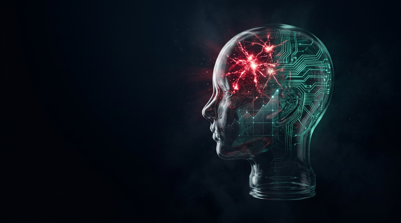 A cinematic conceptual render of a translucent glass head with red emotional sparks on one side and calm teal circuit traces on the other, representing the fear of giving back profits