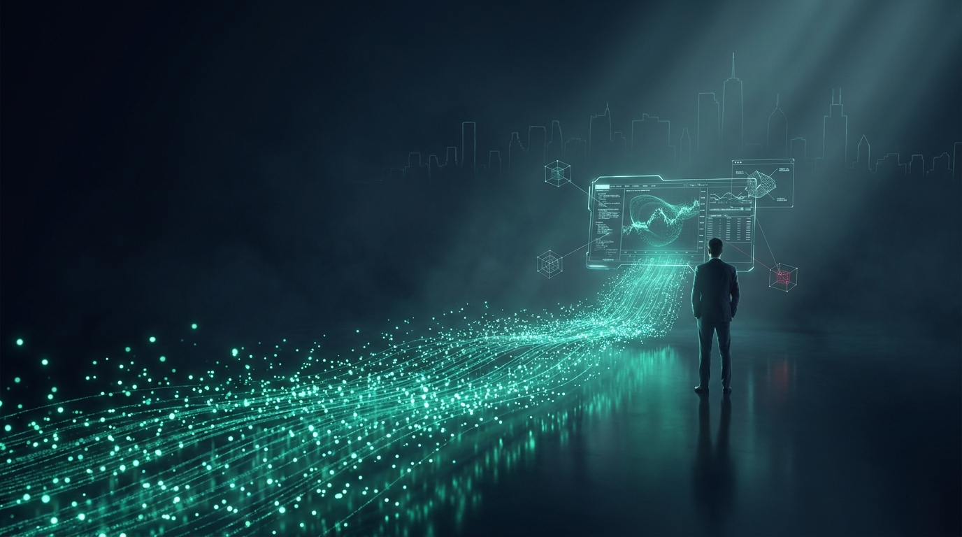 A cinematic conceptual render of a river of teal light particles streaming into a trading terminal, with a lone figure watching, representing automated trading in a funded account