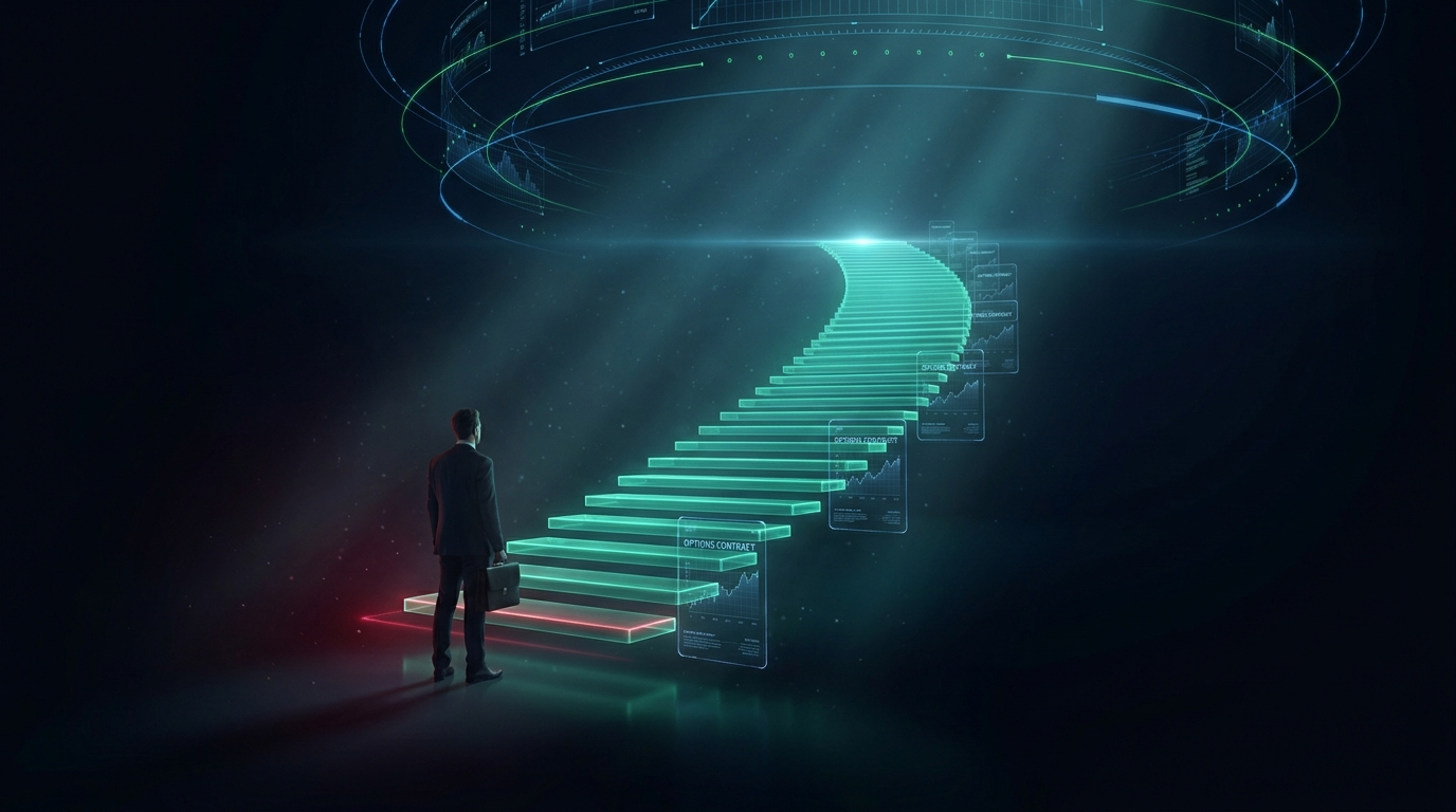 A cinematic conceptual render of a glowing teal staircase of light climbing forward with floating options contract cards, and a lone figure beginning to climb, representing rolling options in a funded account