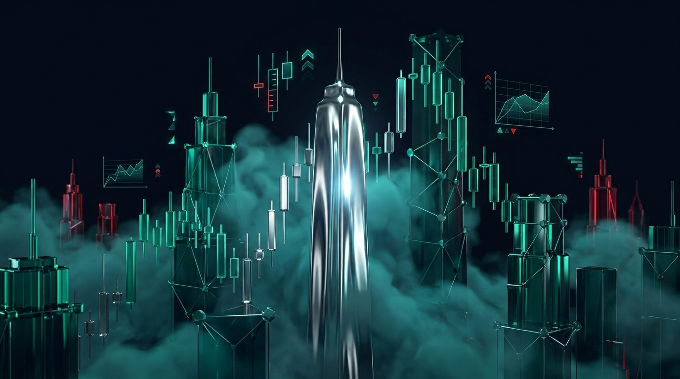 A cinematic conceptual render of a nocturnal skyline built from silver and teal candlestick towers, representing silver futures for day traders