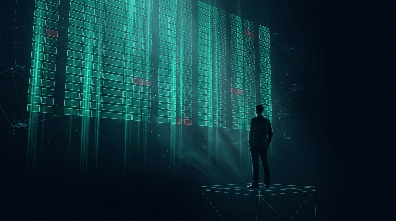 A cinematic conceptual render of a lone figure studying a vast glowing grid of data cells in dark space, representing reading an options chain