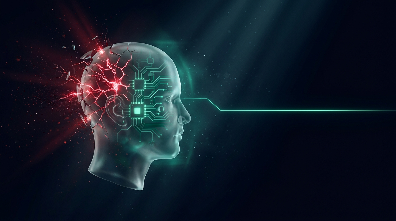 A cinematic conceptual render of a translucent glass head with chaotic red sparks on one side and calm teal circuit traces on the other, representing perfectionism in trading
