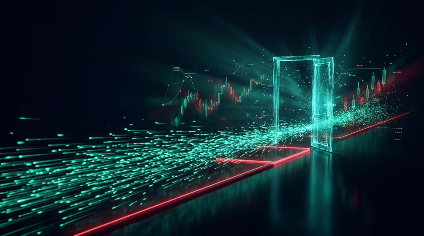 A cinematic conceptual render of a fast stream of teal particles flowing toward a glowing rulebook gateway within a red boundary line, representing scalping rules in a funded account