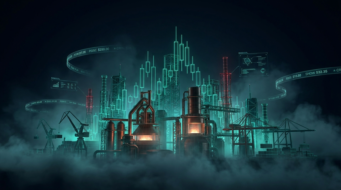 Cinematic conceptual render of glowing copper-toned industrial cabling and a teal data grid over a deep navy background, representing copper futures and global industrial demand