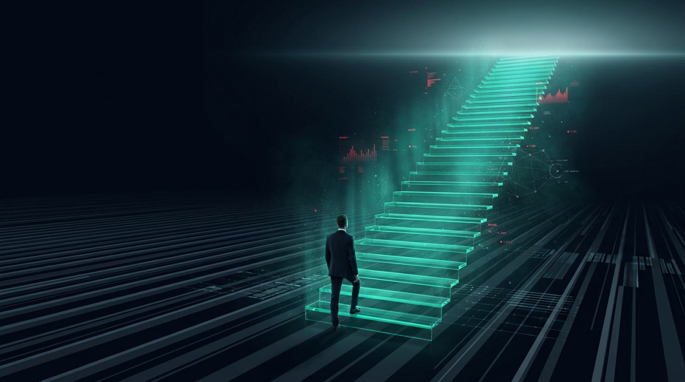 A cinematic conceptual render of one teal candlestick column rising well above a flat field of dimmer columns on a dark navy grid, representing a stock outperforming the broad market