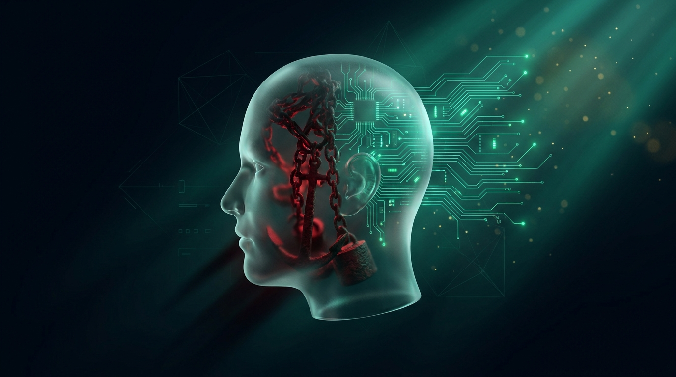 A cinematic conceptual render of a figure anchored to a heavy red weight behind them while a clear teal path opens ahead, representing the pull of sunk costs against forward-looking trading decisions