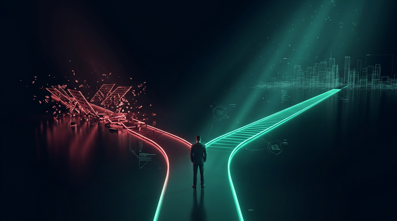 A cinematic conceptual render of a lone figure standing at a fork where a crumbling red path breaks apart on one side and an intact teal path leads toward a wireframe skyline, representing the choice between breaking and following account sharing rules