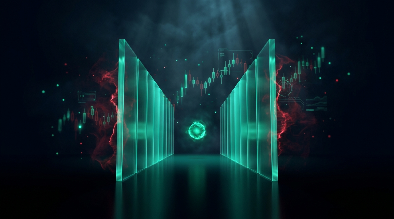 A cinematic conceptual render of two towering walls of teal light forming a narrow corridor with a single glowing orb travelling safely between them, representing the defined range of an iron condor