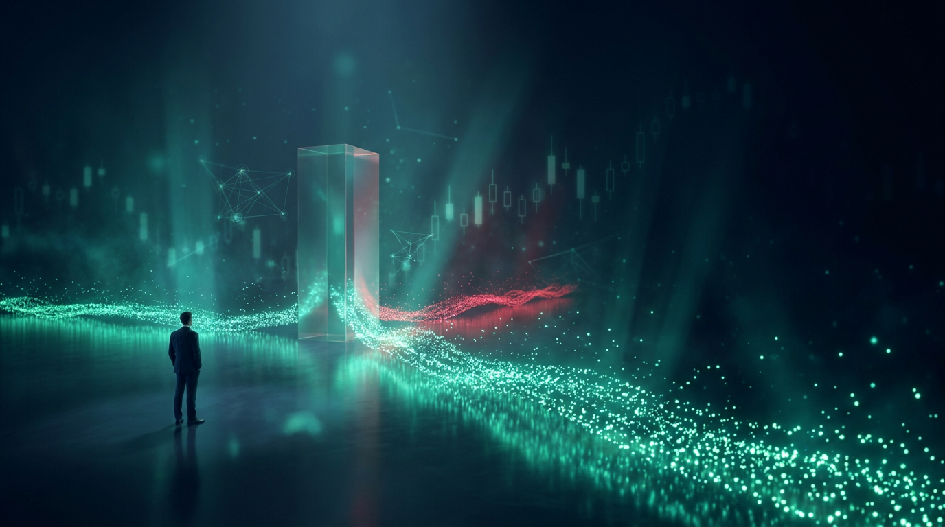 A cinematic conceptual render of a stream of teal light passing through a prism and splitting into a larger teal flow and a smaller diverted crimson flow, representing a gross payout being split between what a trader keeps and what is owed