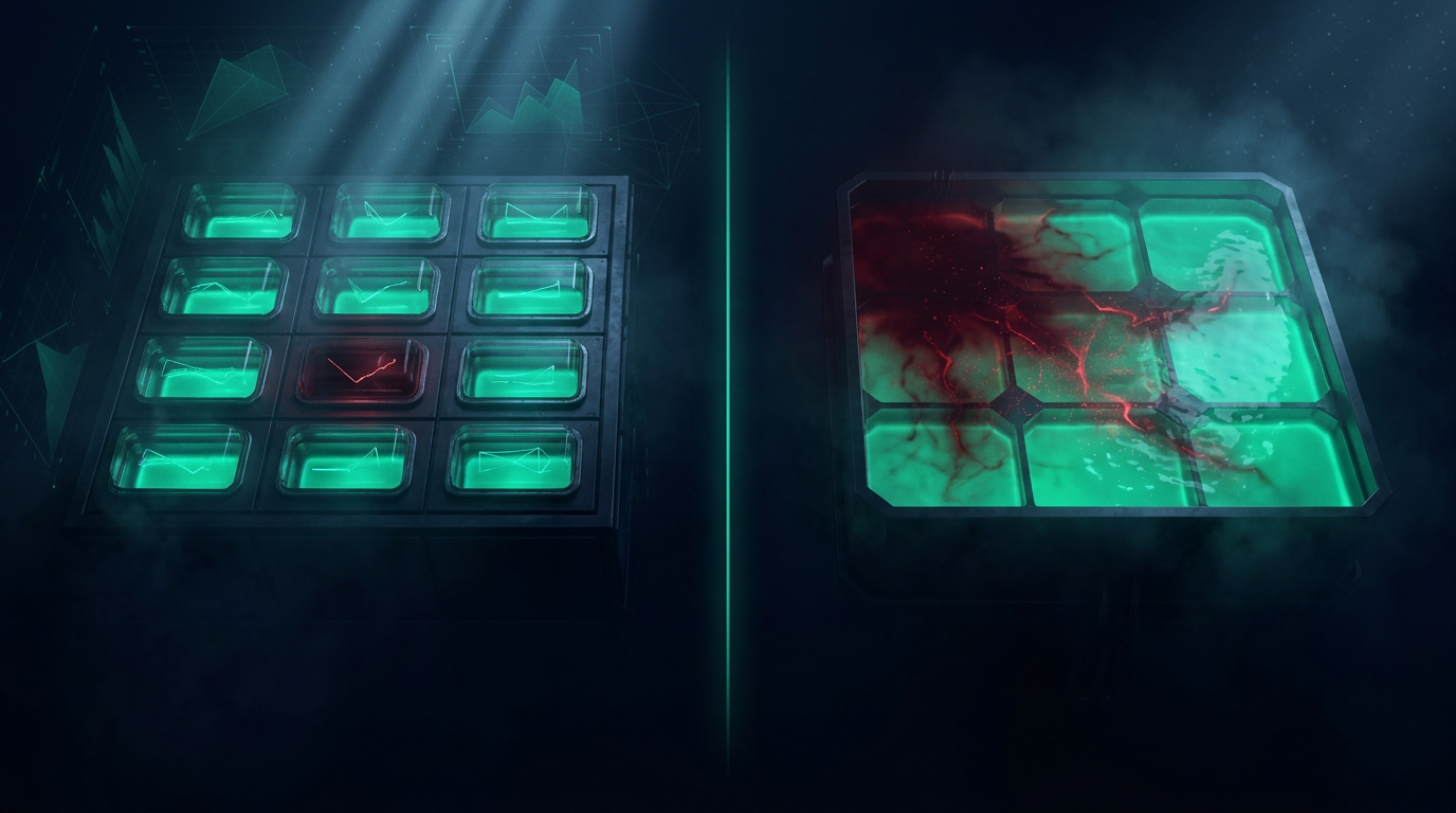 A cinematic conceptual render contrasting a grid of separate sealed chambers each holding contained teal light against a single large connected pool where a crimson stain spreads through all of it, representing isolated and cross margin