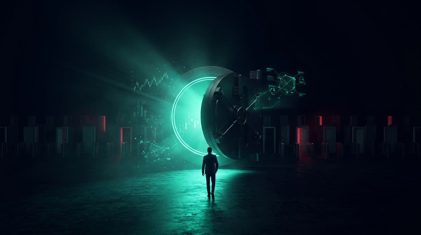 A cinematic conceptual render of a vast dark chamber with a single massive vault door open and spilling teal light, surrounded by rows of dim unlit doorways receding into haze, representing the many attempts behind each funded account