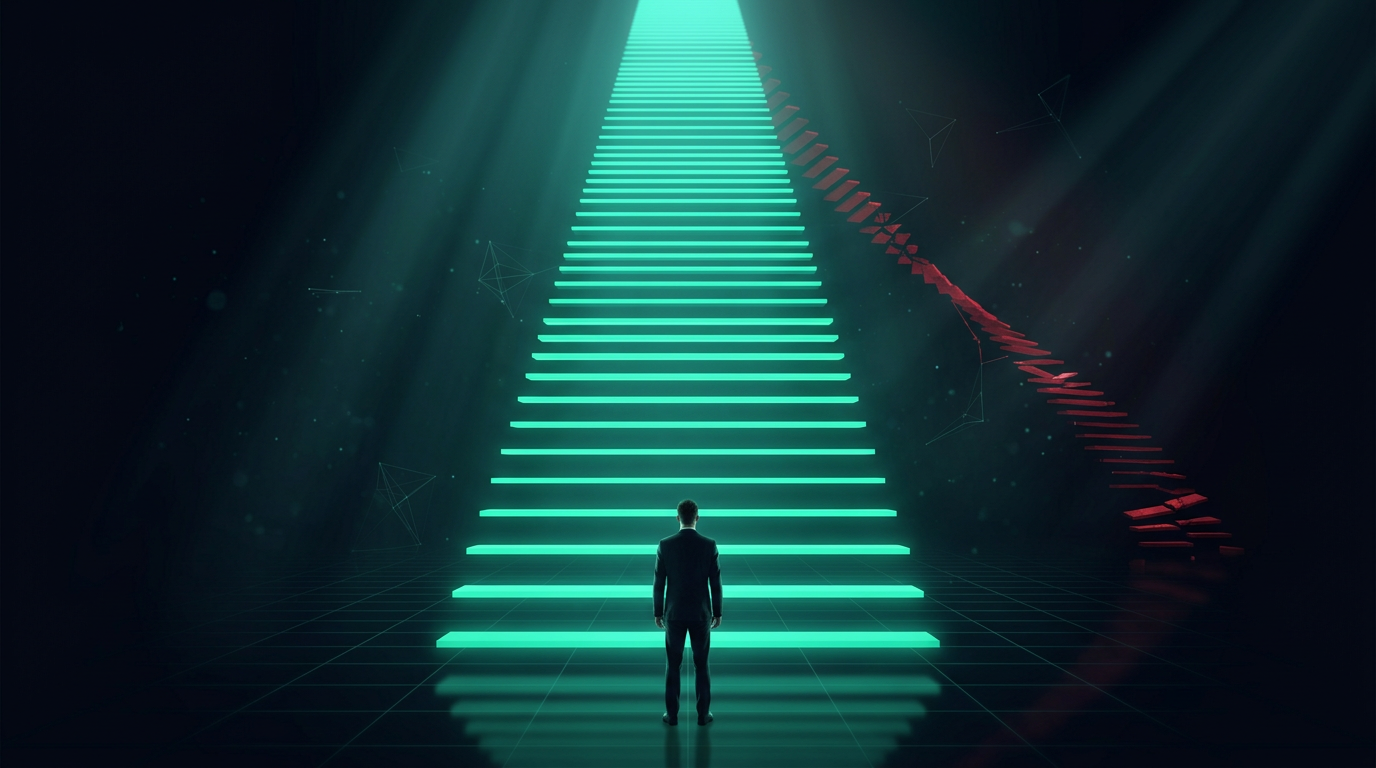 A cinematic conceptual render of an evenly measured staircase of glowing teal light steps climbing toward a bright horizon while a thin red stairway crumbles away to one side, with a lone figure small in frame at the base
