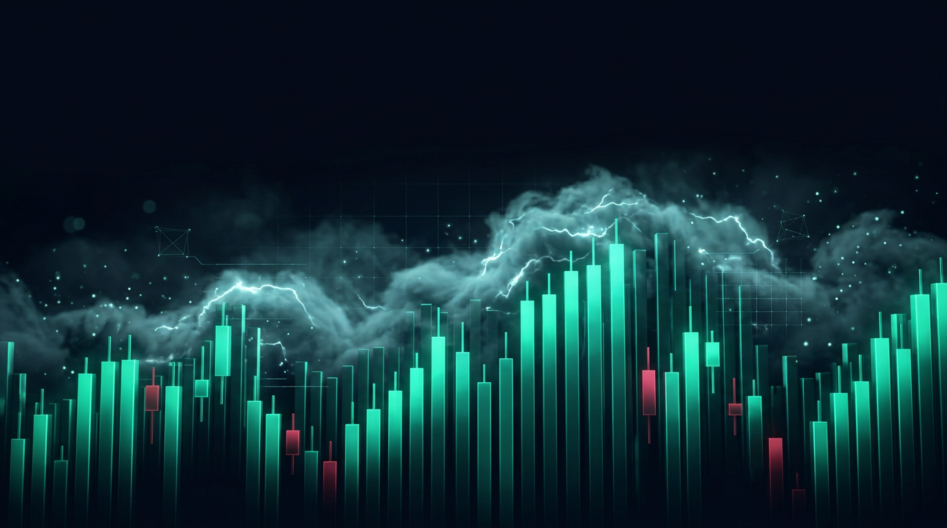 A cinematic conceptual render of a nocturnal city skyline built from towering teal candlestick columns with a few burning red, a storm of volumetric fog and energy arcs rolling overhead, representing market volatility