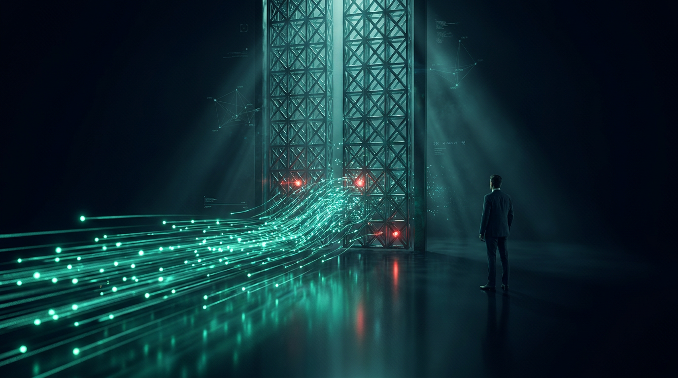 A cinematic conceptual render of a torrent of teal light particles racing across a dark floor into a towering geometric lattice gate that slows the stream, with a lone figure small in frame standing calmly beside it