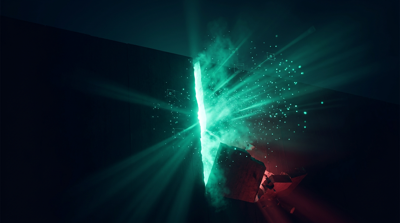 A cinematic conceptual render of a colossal dark wall split open by a vertical fissure of teal light bursting through, with a smaller section collapsing in red on the opposite side, representing a breakout and a breakdown