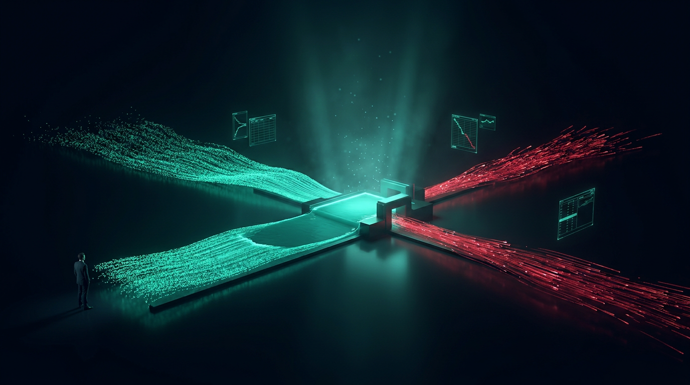 A cinematic conceptual render of two opposing rivers of light on a dark reflective floor, a calm broad teal stream settling into a still pool beside a fast narrow red torrent tearing straight through, with holographic order book panels glowing above and a lone figure small at the left edge
