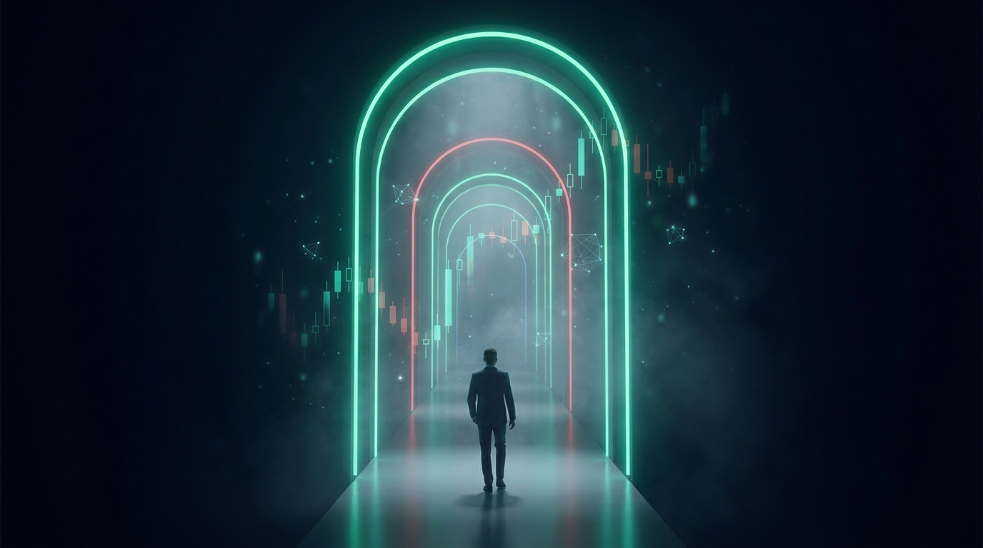 A cinematic conceptual render of a dark corridor of glowing teal archways receding into the distance, the near arches spaced tightly together and the far ones spaced widely apart, with one arch lit red and a lone figure small in frame walking toward them