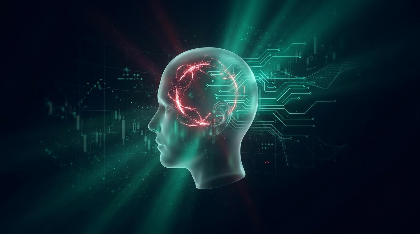 A cinematic conceptual render of a translucent glass human head in profile, one hemisphere filled with a closed red loop of neural sparks circling back on itself and the other with open teal circuit traces branching outward into dark space
