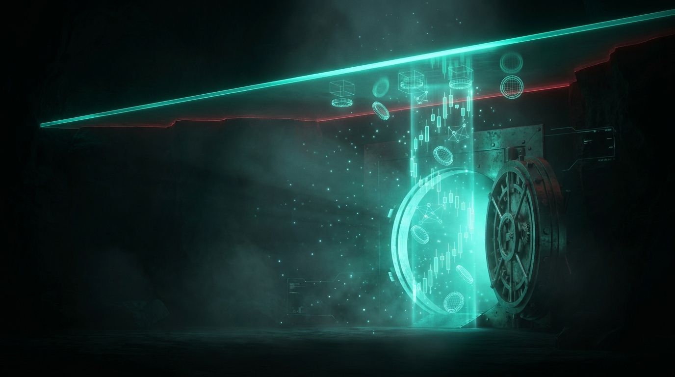 A cinematic conceptual render of a massive open circular vault door spilling teal light into a dark hall, with an orderly column of holographic candlesticks rising out of it and stopping cleanly against a defined horizontal plane of light across the upper frame