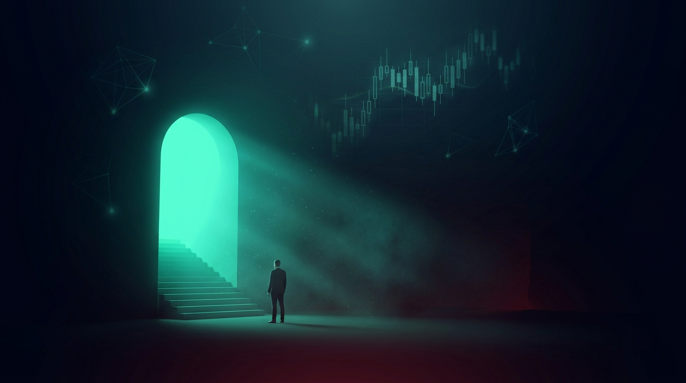A cinematic conceptual render of a lone figure in a suit shot from behind, small in frame, standing before a towering glowing teal archway of light in a vast dark hall, with a soft staircase of light leading through it