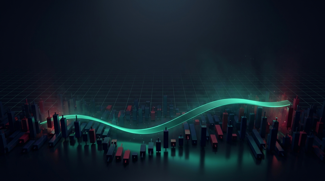 A cinematic conceptual render of a dense jagged field of small dark and crimson candlestick bars on a reflective floor, with a single smooth ribbon of emerald teal light curving calmly through the middle of them against a deep navy background