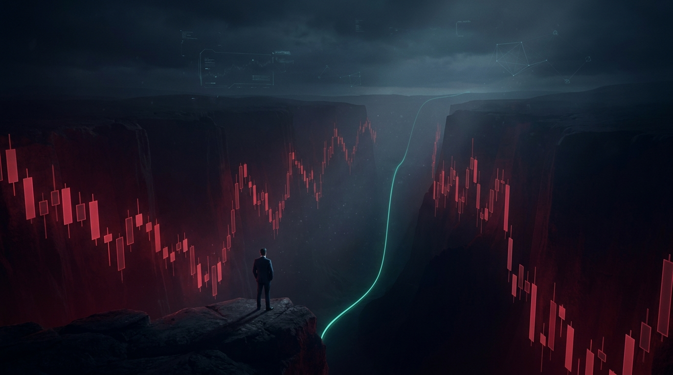 A cinematic conceptual render of a lone figure in a suit shot from behind at the rim of a deep canyon whose walls are formed from descending crimson candlestick columns, with a single thin emerald teal line of light tracing the canyon floor and rising toward the horizon