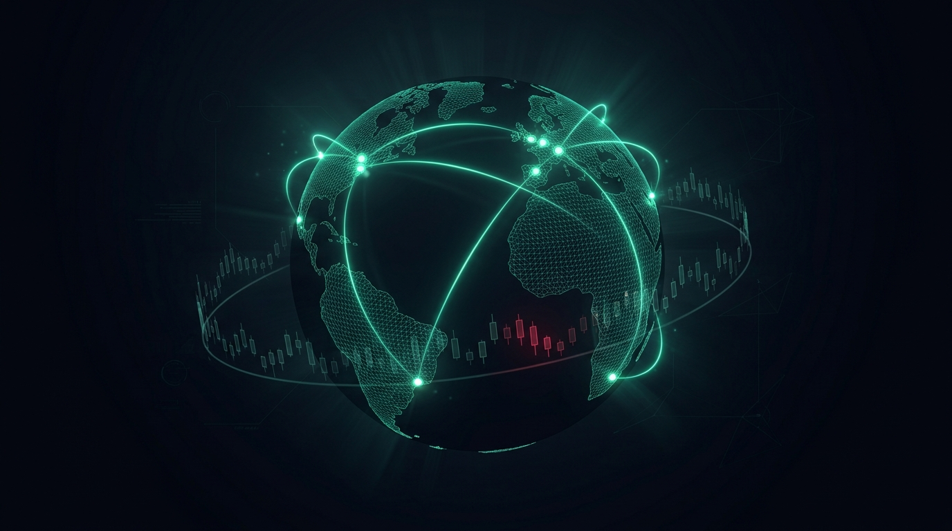 A cinematic conceptual render of a dark wireframe globe with continents drawn in glowing teal mesh, arcs of emerald light linking financial centers across time zones, and a faint ring of holographic candlesticks orbiting it against a deep navy background
