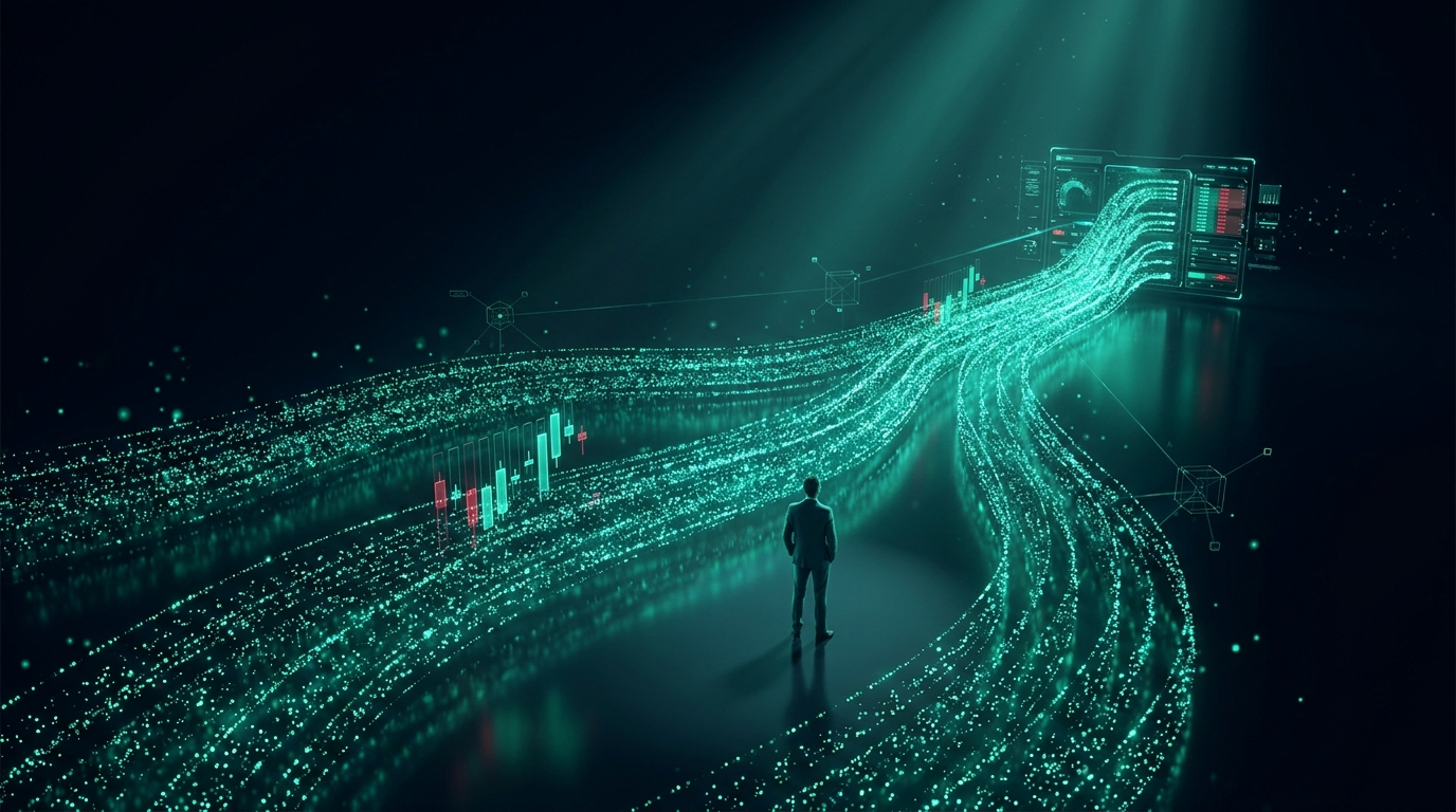 A cinematic conceptual render of a river of emerald teal particles flowing across a dark reflective floor and splitting into separate channels that feed a glowing holographic terminal, with a lone figure seen from behind against a deep navy background