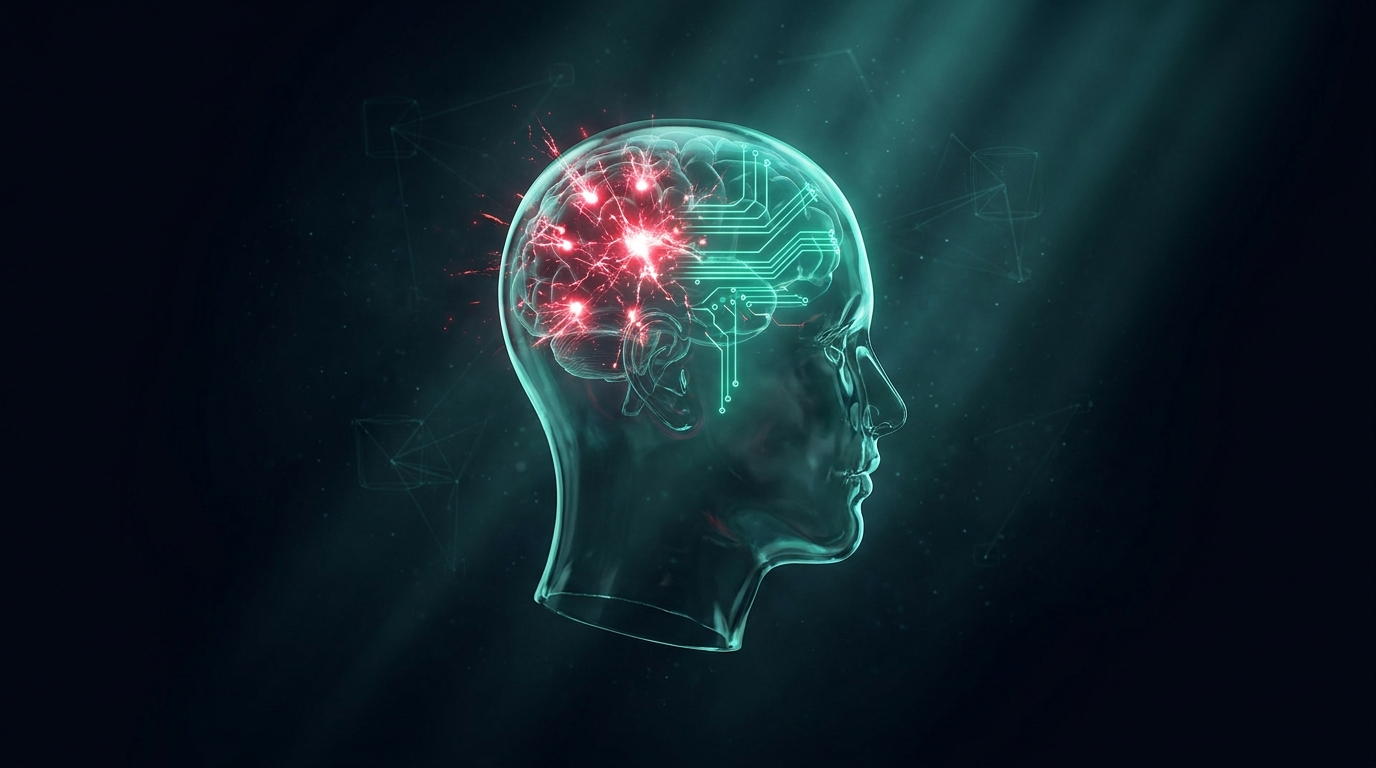 A cinematic conceptual render of a translucent glass human head in profile floating in dark space, with red crimson neural sparks firing on one side and orderly emerald teal circuit traces on the other against a deep navy background