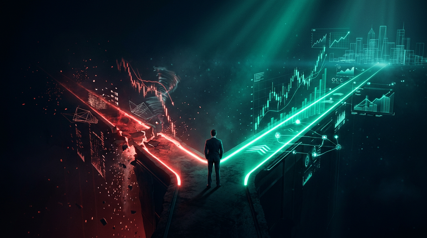 A cinematic conceptual render of a lone figure seen from behind at the split of two glowing pathways, the left descending in red crimson with falling data fragments and the right rising in emerald teal with orderly ascending data against a deep navy background