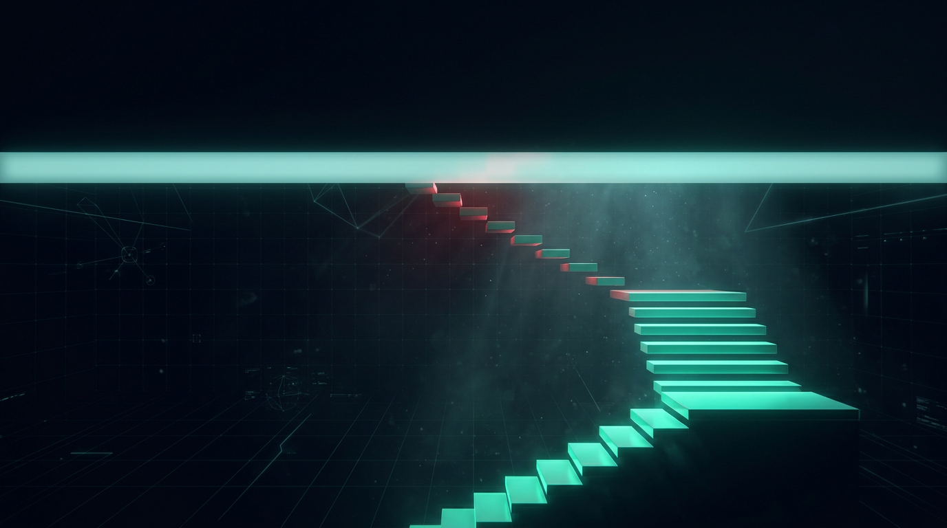 A cinematic conceptual render of a staircase of glowing emerald teal steps ascending into darkness and stopping beneath a horizontal ceiling plane of soft teal light, with a faint holographic grid and particle haze on a deep navy background