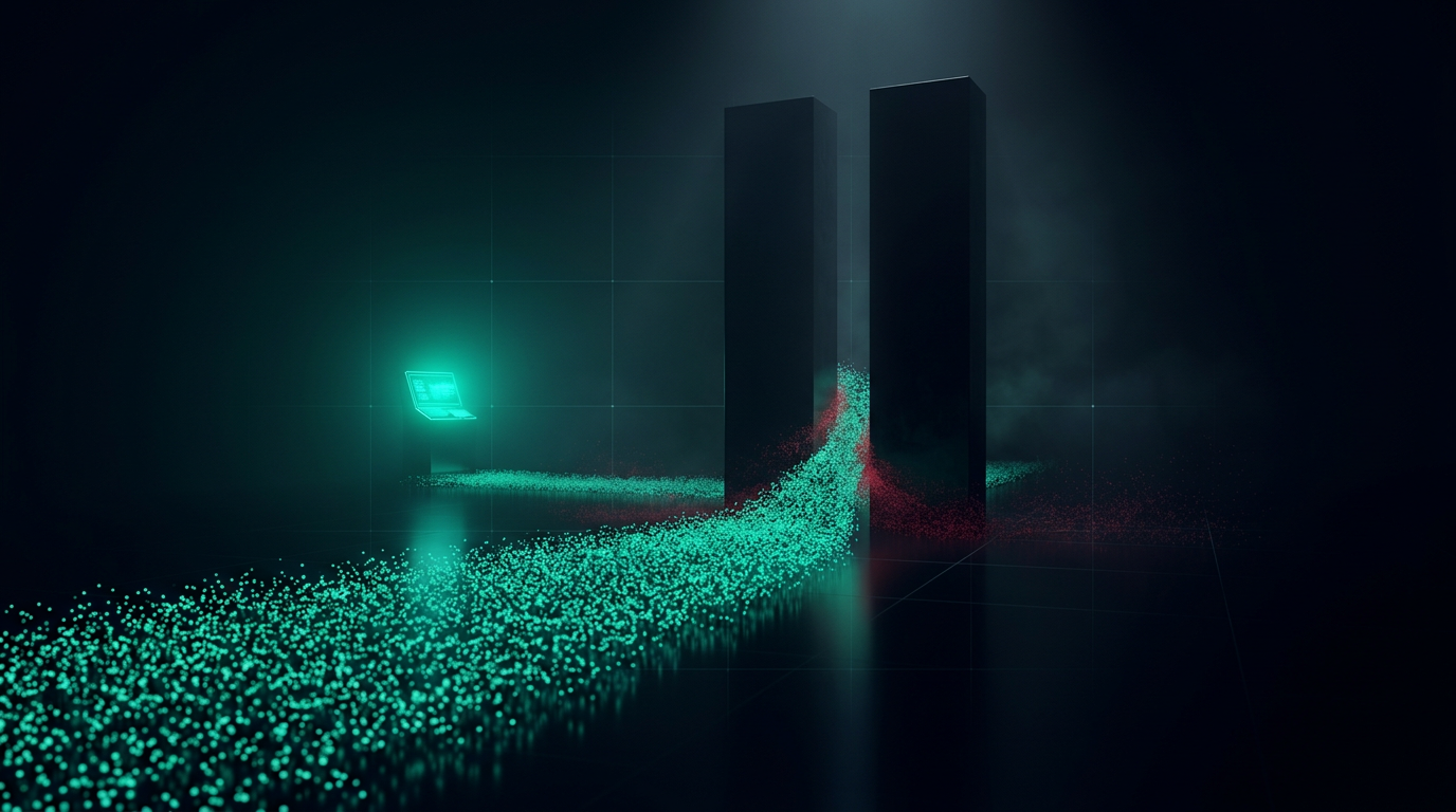 A cinematic conceptual render of a wide river of emerald teal particles flowing across a dark reflective floor toward a glowing holographic terminal, forced through a narrow gap between two dark monoliths where a thin haze of crimson red particles bleeds sideways and dissipates